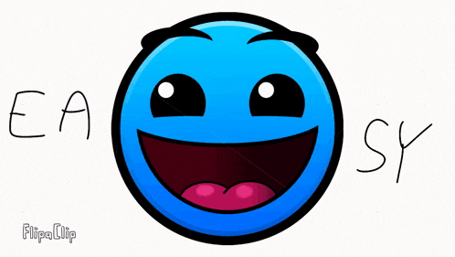 a cartoon drawing of a blue ball with a face and the words easy sy written below it