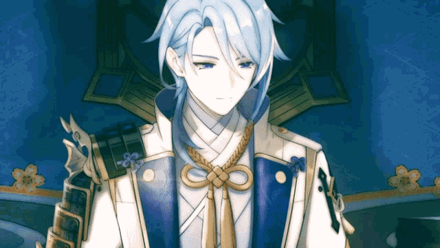 a drawing of a man with blue hair and a sword on his shoulder