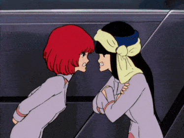 two anime girls with red hair and black hair are standing next to each other