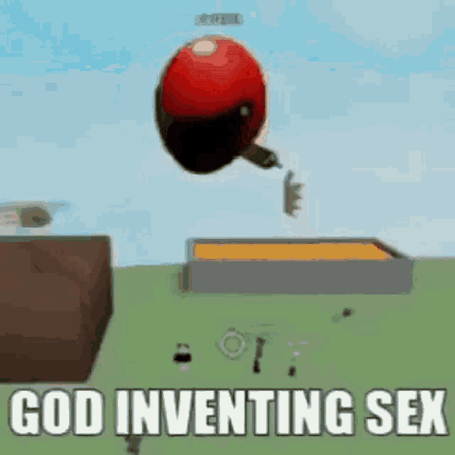 a red balloon is flying in the air with the words `` god inventing sex '' .