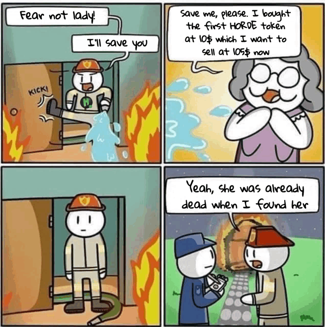 a cartoon shows a fireman talking to an elderly woman about saving her