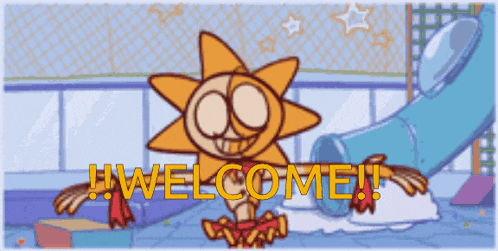 a cartoon of a sun with the words welcome on it