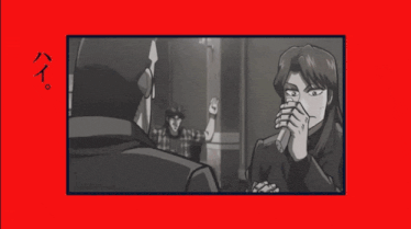 a black and white image of a man with his mouth open and chinese writing behind him