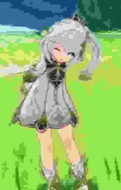 a girl in a white dress is standing in a field of grass .