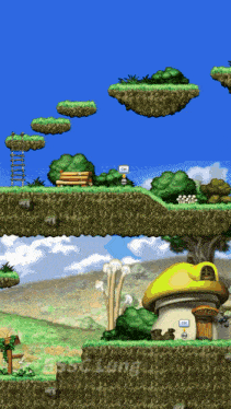 a cartoon landscape with a mushroom house and a sign that says " bunny " on it
