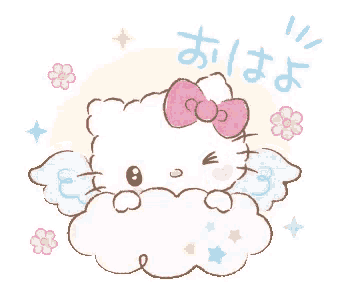 a drawing of hello kitty with wings holding a cloud .