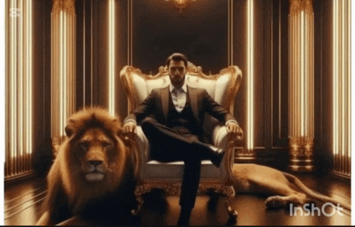 a man in a suit is sitting in a chair with a lion behind him