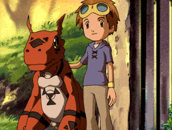 a boy in a blue shirt stands next to a red dinosaur with the number xx on it