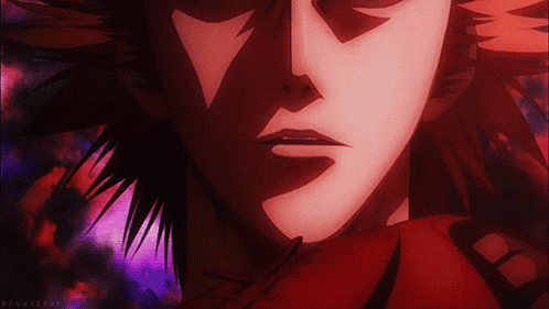a close up of a person 's face with a purple background and the word bisokthe on the bottom