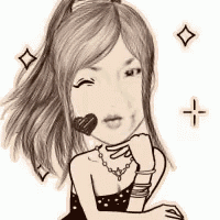 a black and white drawing of a woman with a heart in her mouth and a ponytail .
