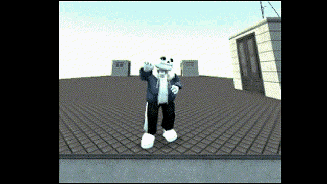 a cartoon character is standing on top of a roof .