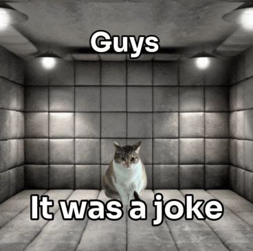 a cat is sitting in a room with the words " guys it was a joke "