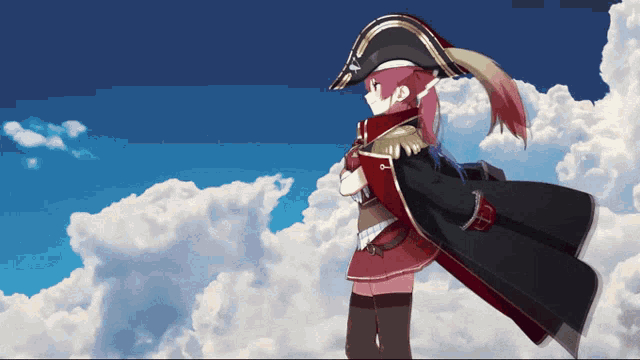 a girl wearing a pirate hat and cape stands in the clouds