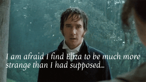 a man in a black coat is talking to a woman with the words i am afraid i find eliza