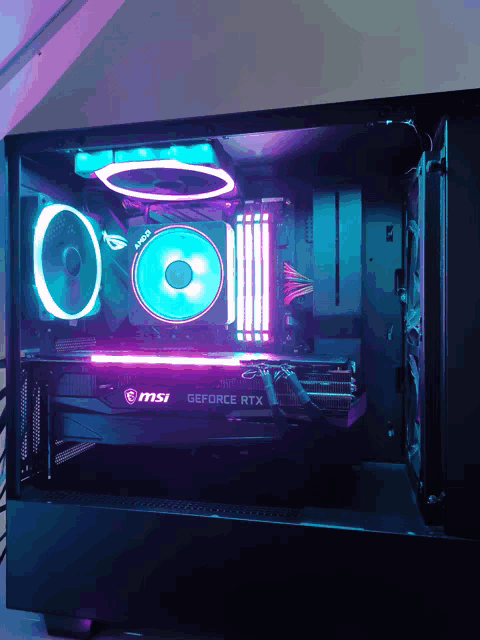 a msi geforce rtx graphics card sits inside a computer case