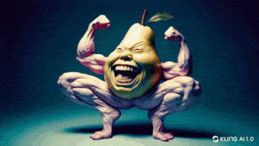 a sculpture of a pear flexing its muscles with kling a11.0 written on the bottom