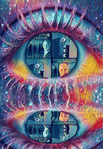 a colorful painting of an eye with the words irving avenue radio visible