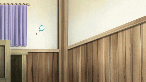 a room with wood paneling and a purple curtain and a blue speech bubble on the wall