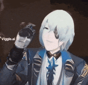 a cartoon character with blue hair and a glove that says viggle.ai on it