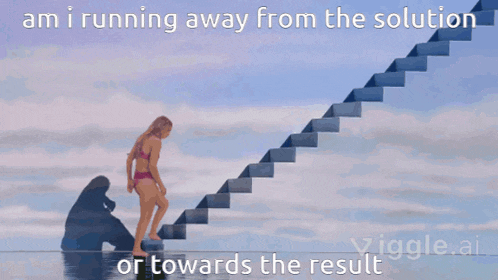 a woman in a bikini is walking up a set of stairs with the words " am i running away from the solution "