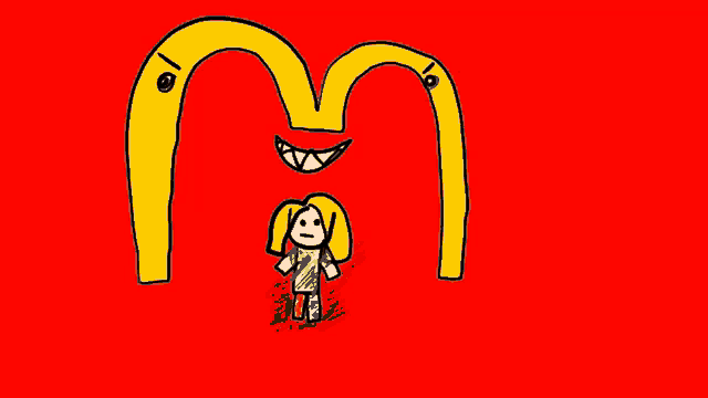 a drawing of a mcdonald 's logo with a girl standing underneath
