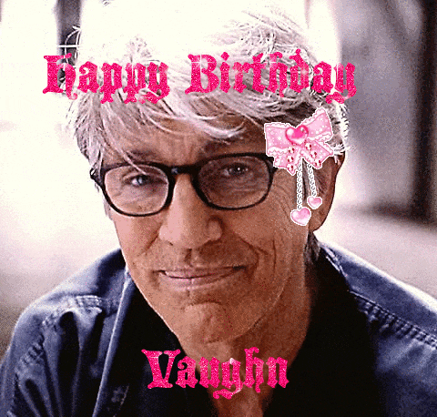 a man wearing glasses and a pink bow on his head with the words happy birthday vaughn