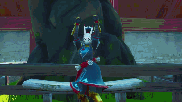 a video game character is standing on a wooden fence holding an umbrella