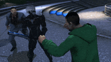 a man in a green hoodie is standing next to a man in a suit holding a baseball bat