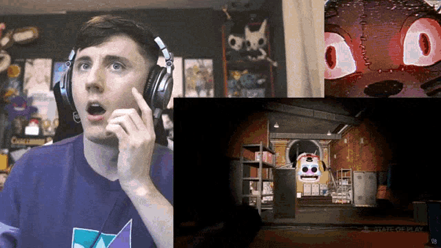 a man wearing headphones and a blue shirt that says state of play on it