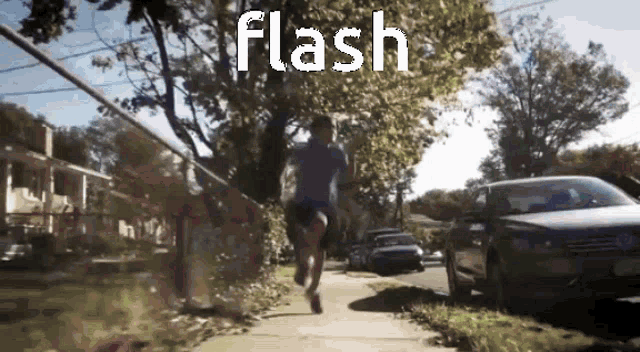 a man is running down a sidewalk with the word flash written above him