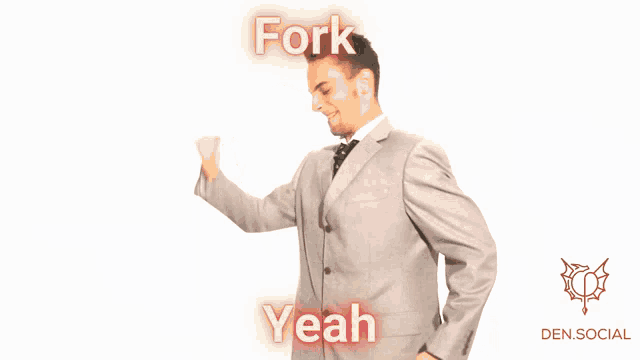 a man in a suit is dancing with the words fork yeah above him
