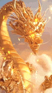 a golden dragon with a long neck and horns is flying in the sky .
