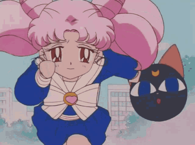 a girl with pink hair is standing next to a cat with black eyes