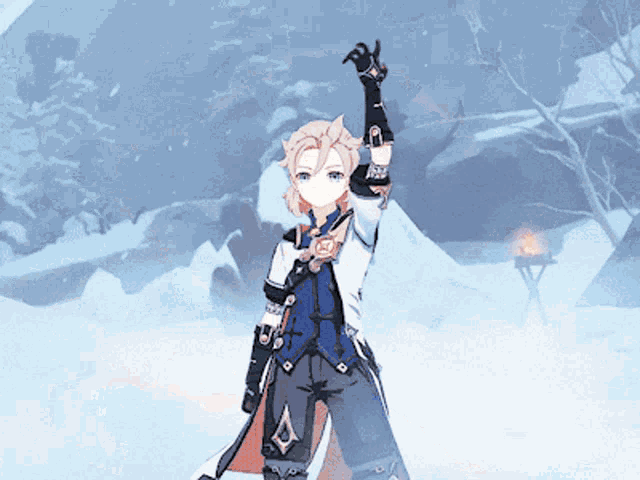 a cartoon character stands in the snow with his hand up