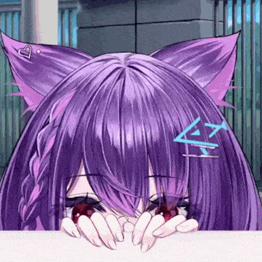 a girl with purple hair and cat ears is hiding behind a white sign
