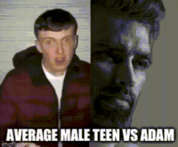 a man in a red jacket is standing next to a man with a beard and the words `` average male teen vs adam '' .