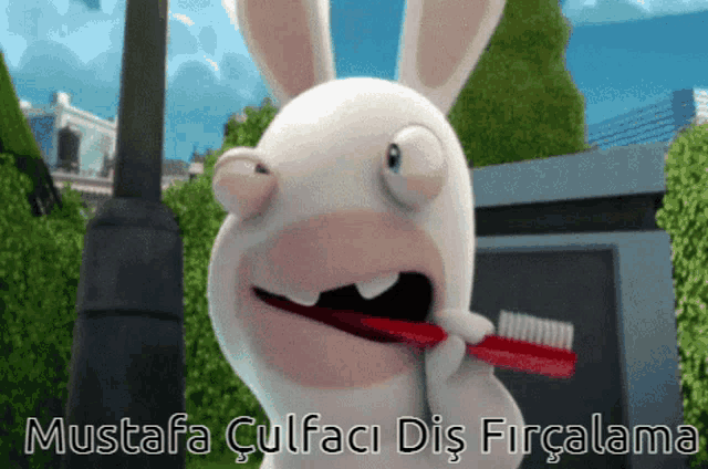 a cartoon rabbit is brushing its teeth with the words mustafa culfaci dis fircalama below it