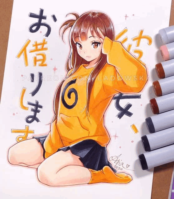 a drawing of a girl in a yellow sweater with the words patreon.com ladowska on it