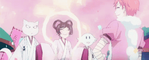 a group of anime characters standing next to each other in a pink background .