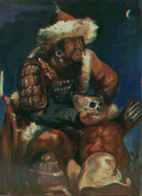a painting of a man in a cowboy hat holding a stuffed animal