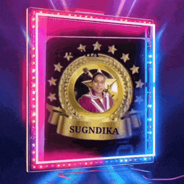 a picture of a woman in a gold medal with the name sugndika on it