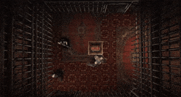 a room with a red rug and a picture frame on it