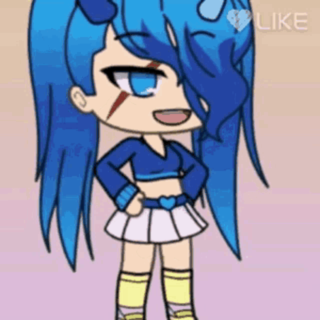 a cartoon girl with blue hair is standing with her hands on her hips