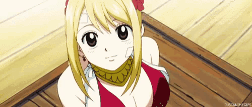 a blonde anime girl in a red bikini is standing on a wooden deck .