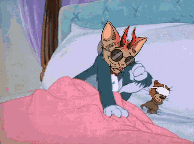 a cartoon drawing of a cat with sunglasses and a tattoo on its face