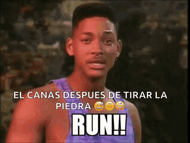 a man in a purple tank top with his mouth open says run !