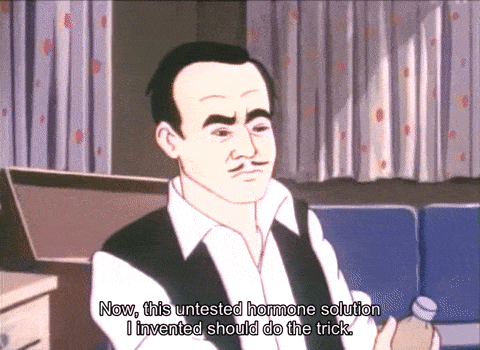 a cartoon of a man holding a bottle and saying " now this untested hormone solution i invented should do the trick "