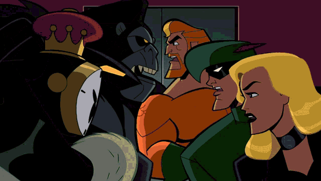 a group of cartoon characters are standing next to each other and one has a crown on his head