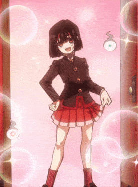 a girl is standing in a doorway with bubbles around her