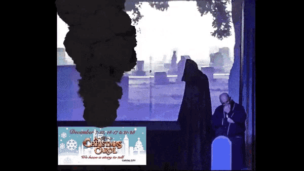 a poster for the christmas carol shows a smoke coming out of the window